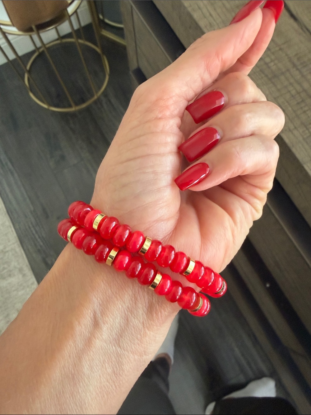 Vibrant Red Beaded Stretch Bracelet Set with Gold Accents